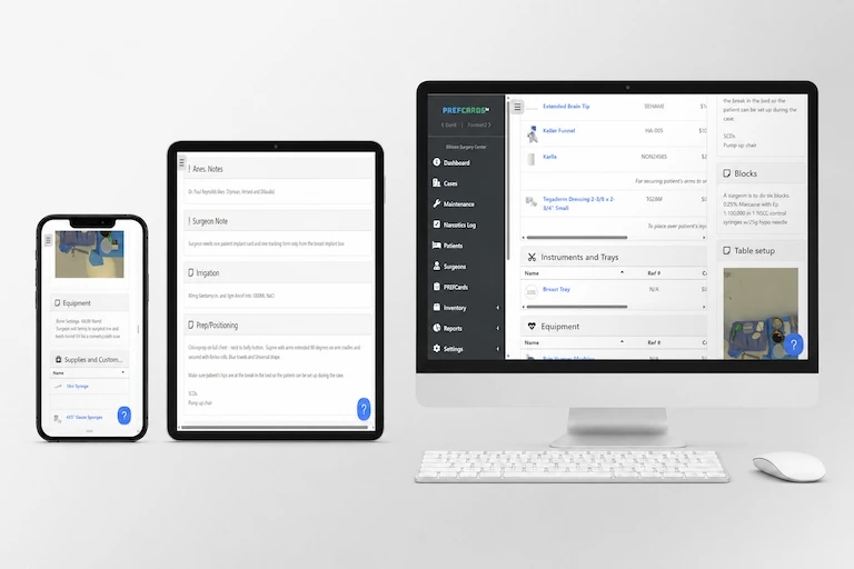 Cross-platform infographic showing PREFcards accessed from desktop, tablet, and phone with real-time sync across devices